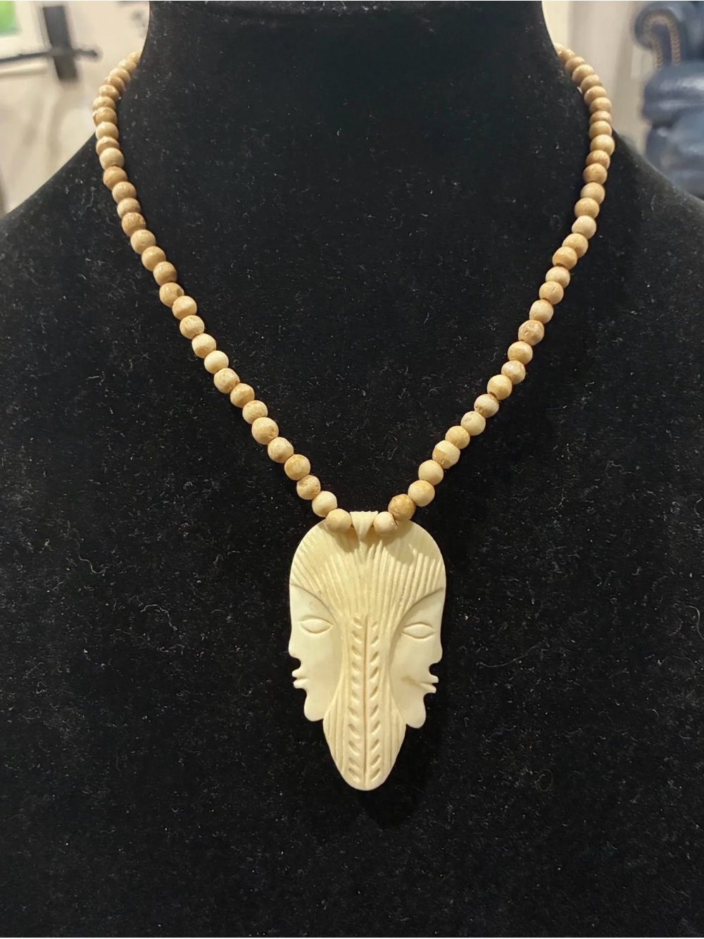 Vintage Hand-Carved Bovine Bone Double-Face Mask Pendant Necklace